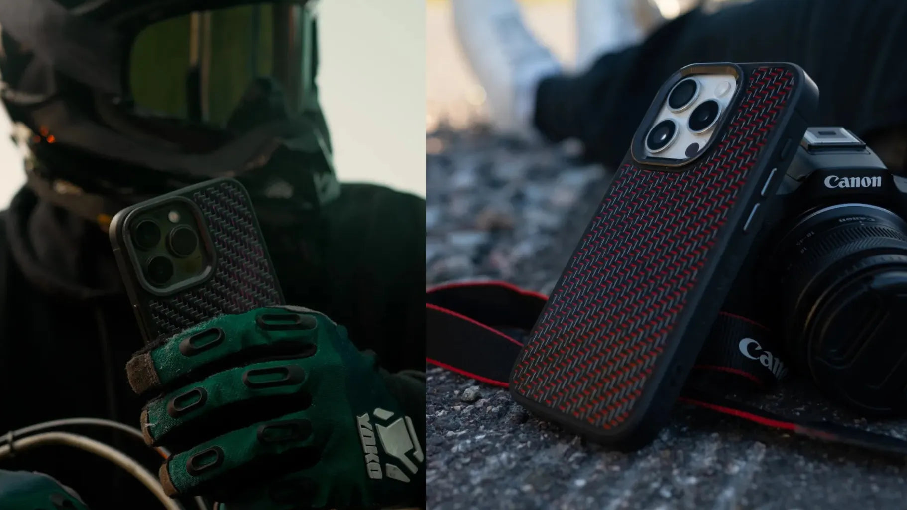 Side-by-side photos of carbon fiber phone cases—one held by a motocross rider in gloves, the other resting against a Canon camera on the ground, capturing the active lifestyle behind the brand.