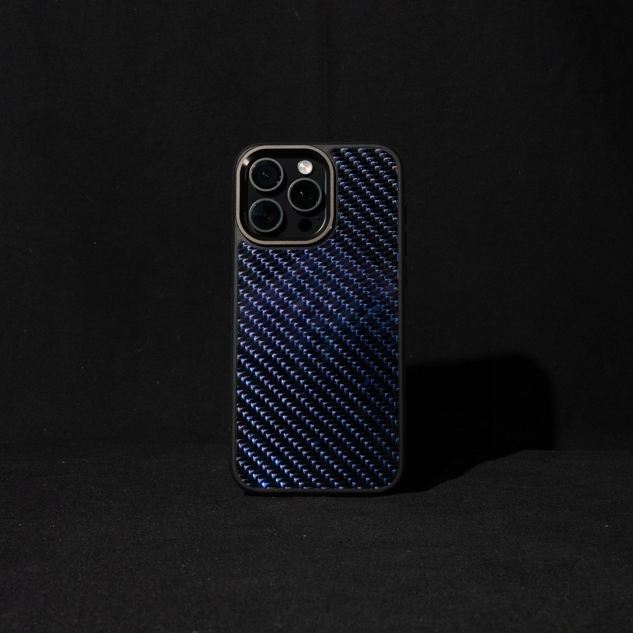Carbon Fiber Phone case with blue carbon fiber pattern on a black background