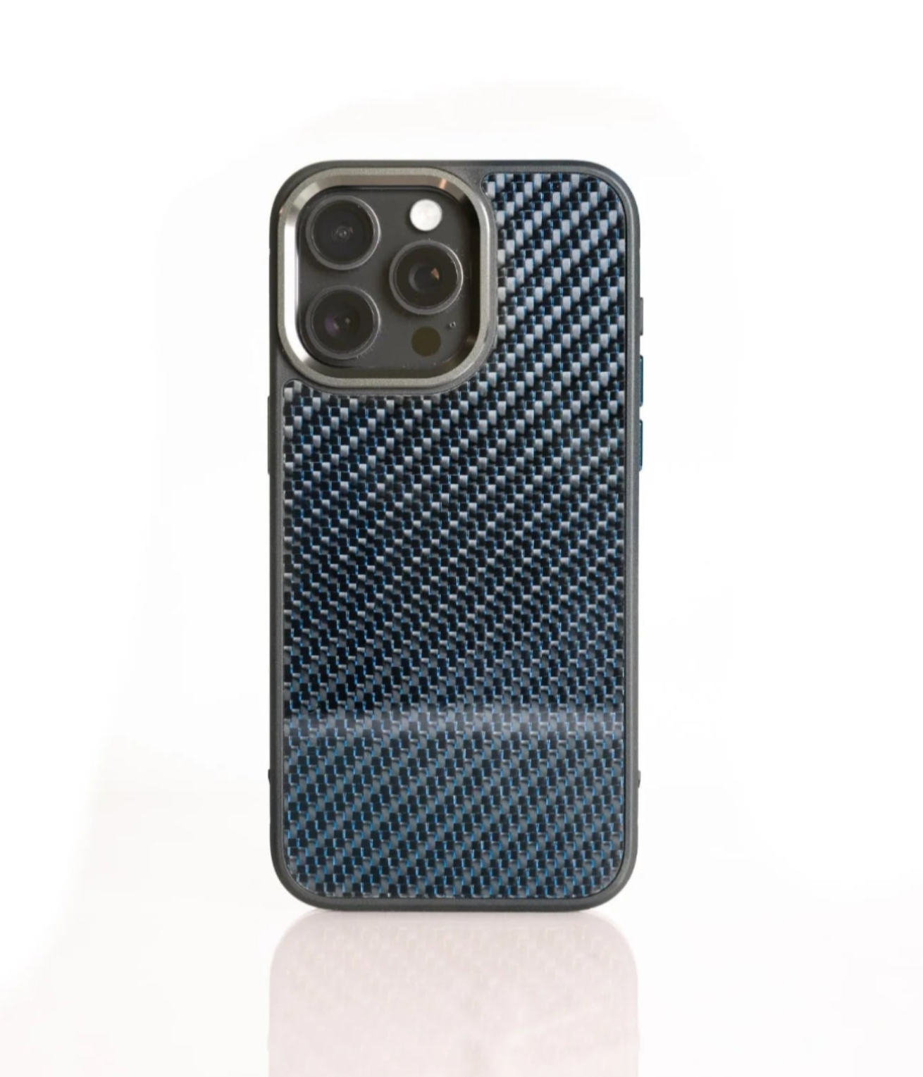 Blue reflective carbon fiber iPhone case with MagSafe compatibility and premium finish.