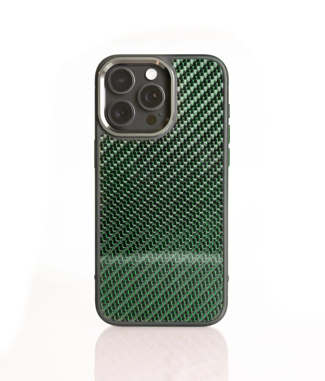 Green reflective carbon fiber phone case for iPhone – durable and stylish protective phone cover.