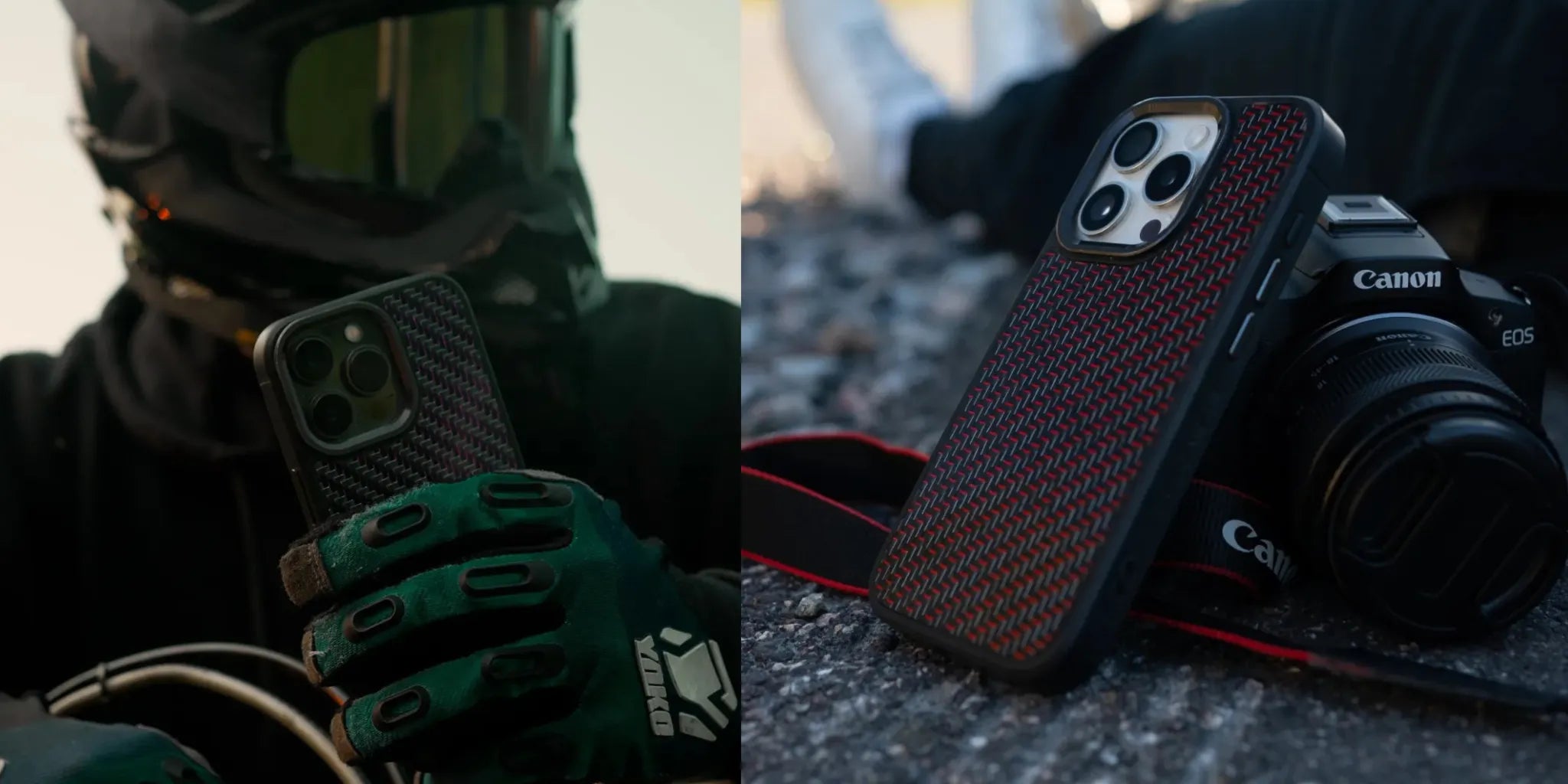 Side-by-side photos of carbon fiber phone cases—one held by a motocross rider in gloves, the other resting against a Canon camera on the ground, capturing the active lifestyle behind the brand.