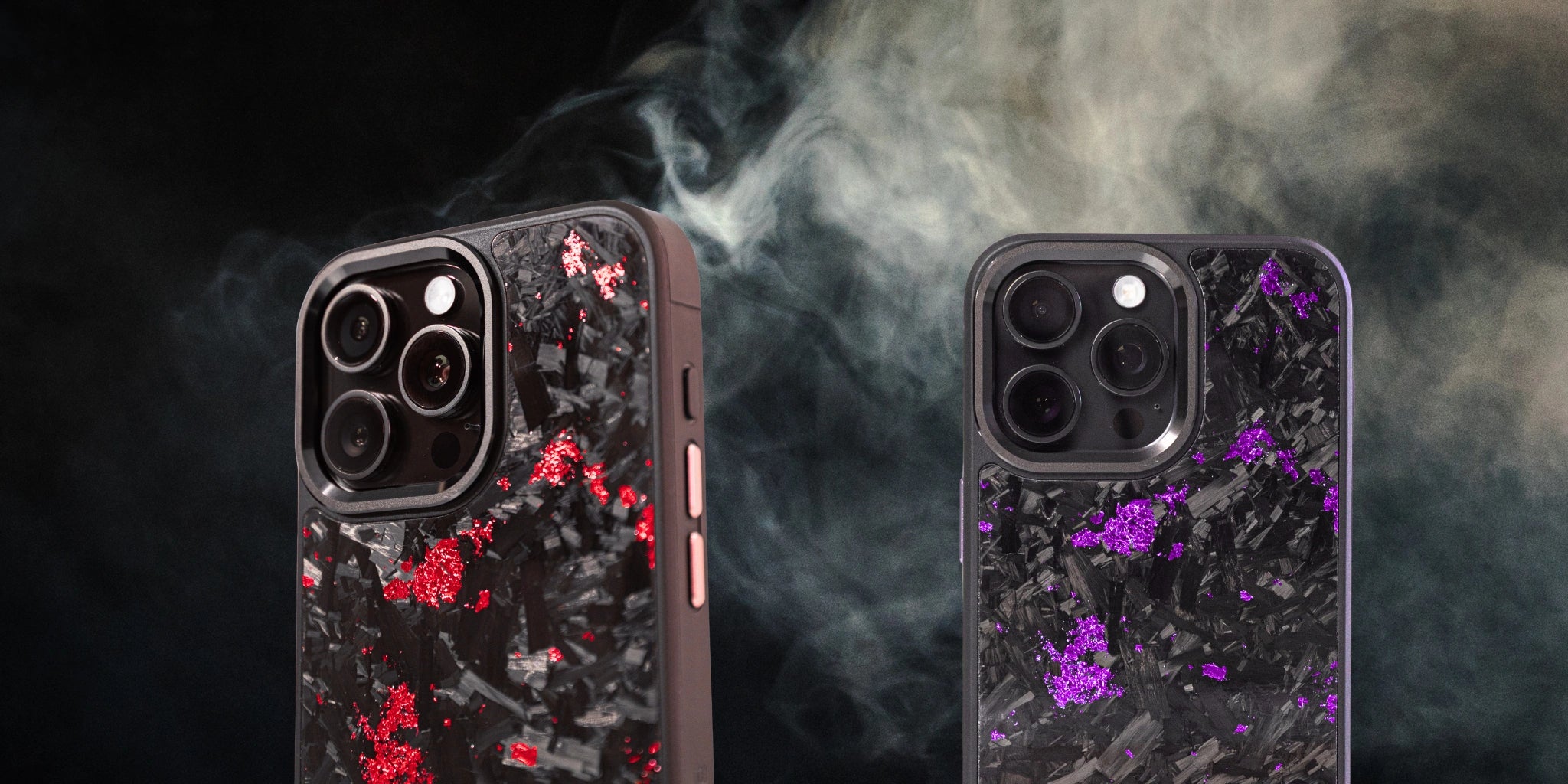 Two forged carbon fiber phone cases with black and red / purple speckled design on a dark background

