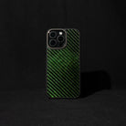Green carbon fiber phone case on a black background

