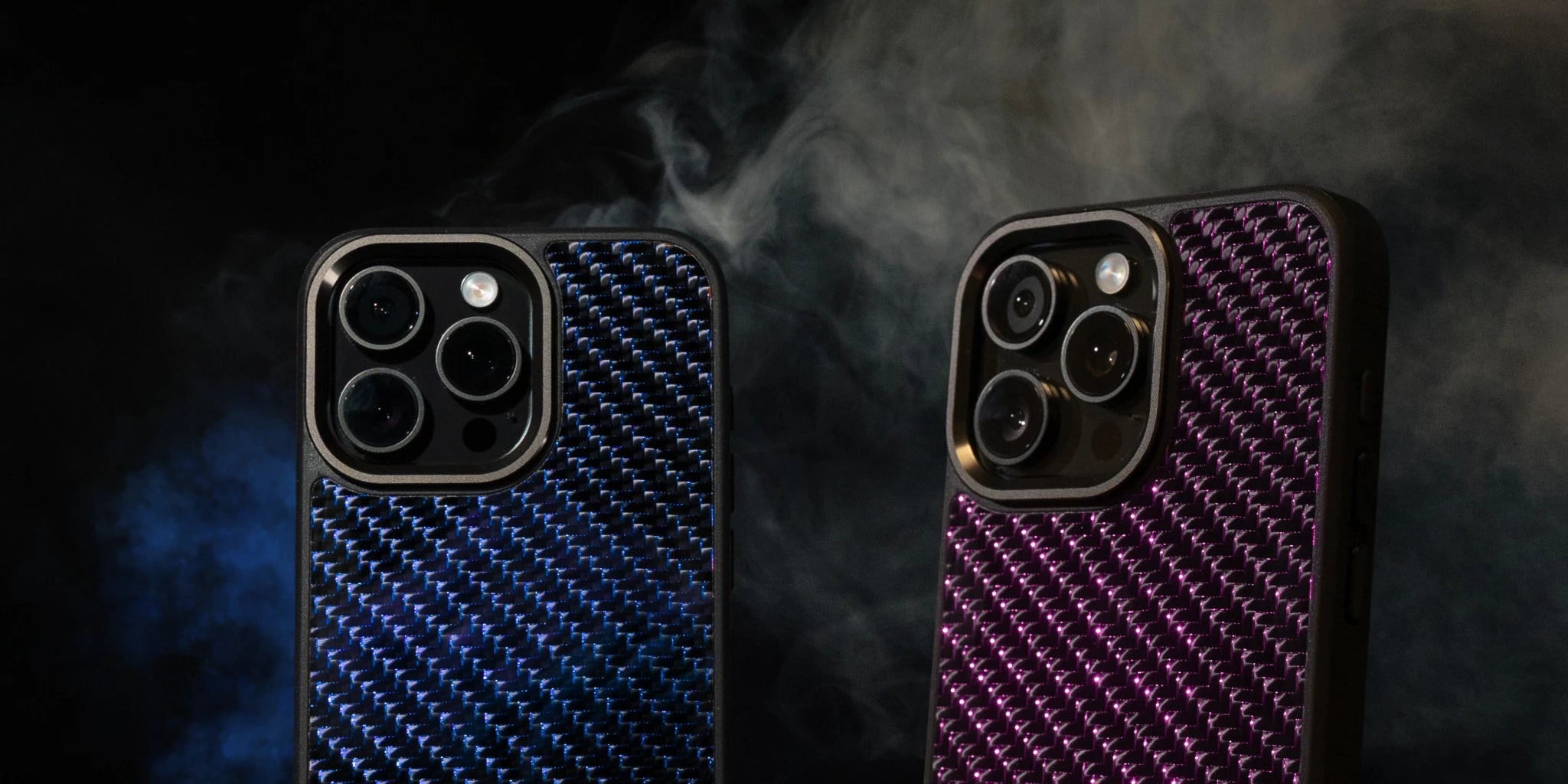 Two phone cases, one blue and one purple, on a dark background with smoke effect. Banner for FIBRECASES Reflective Collection

