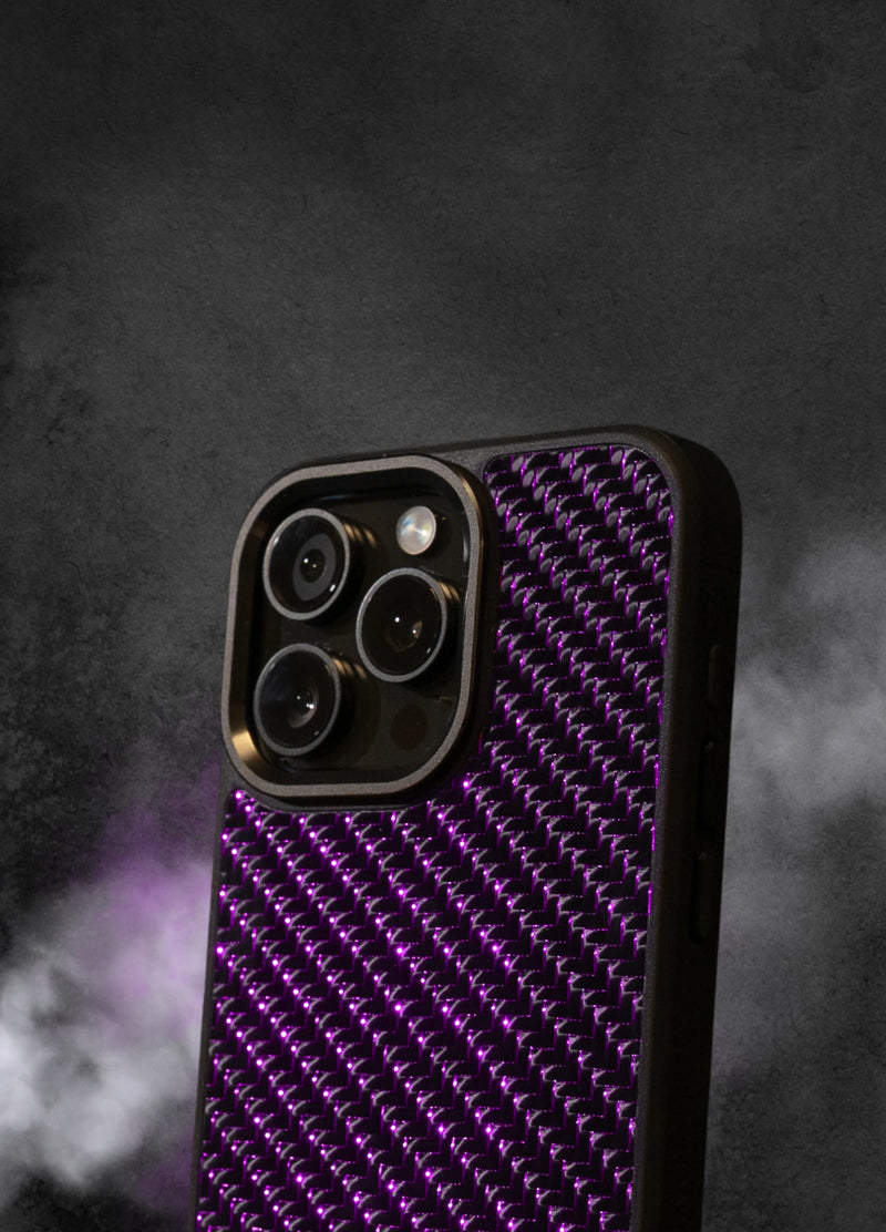 Carbon fiber Phone case with purple carbon fiber pattern on a dark background

