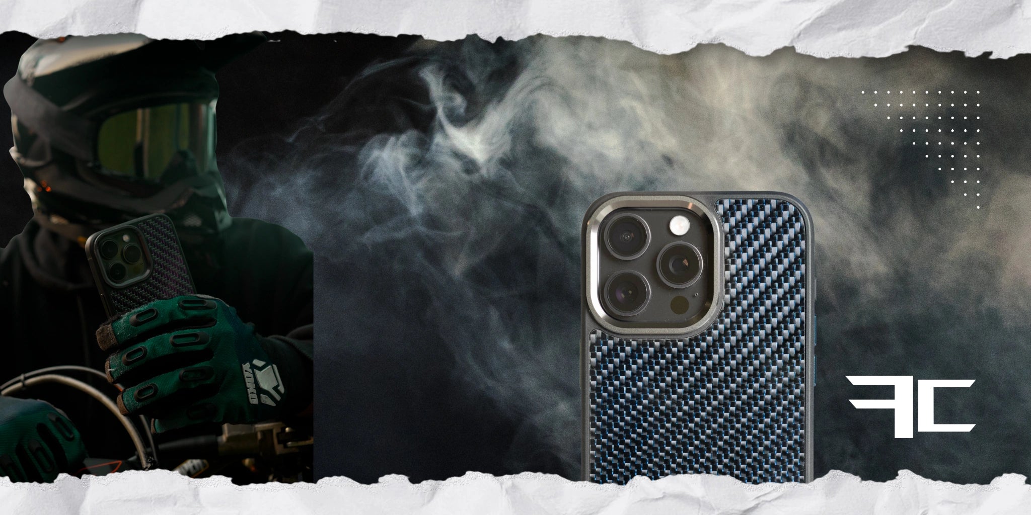 Carbon fiber phone case held by a biker with gloves, smoke background and FibreCases FC logo – premium reflective design for motorsport lifestyle.