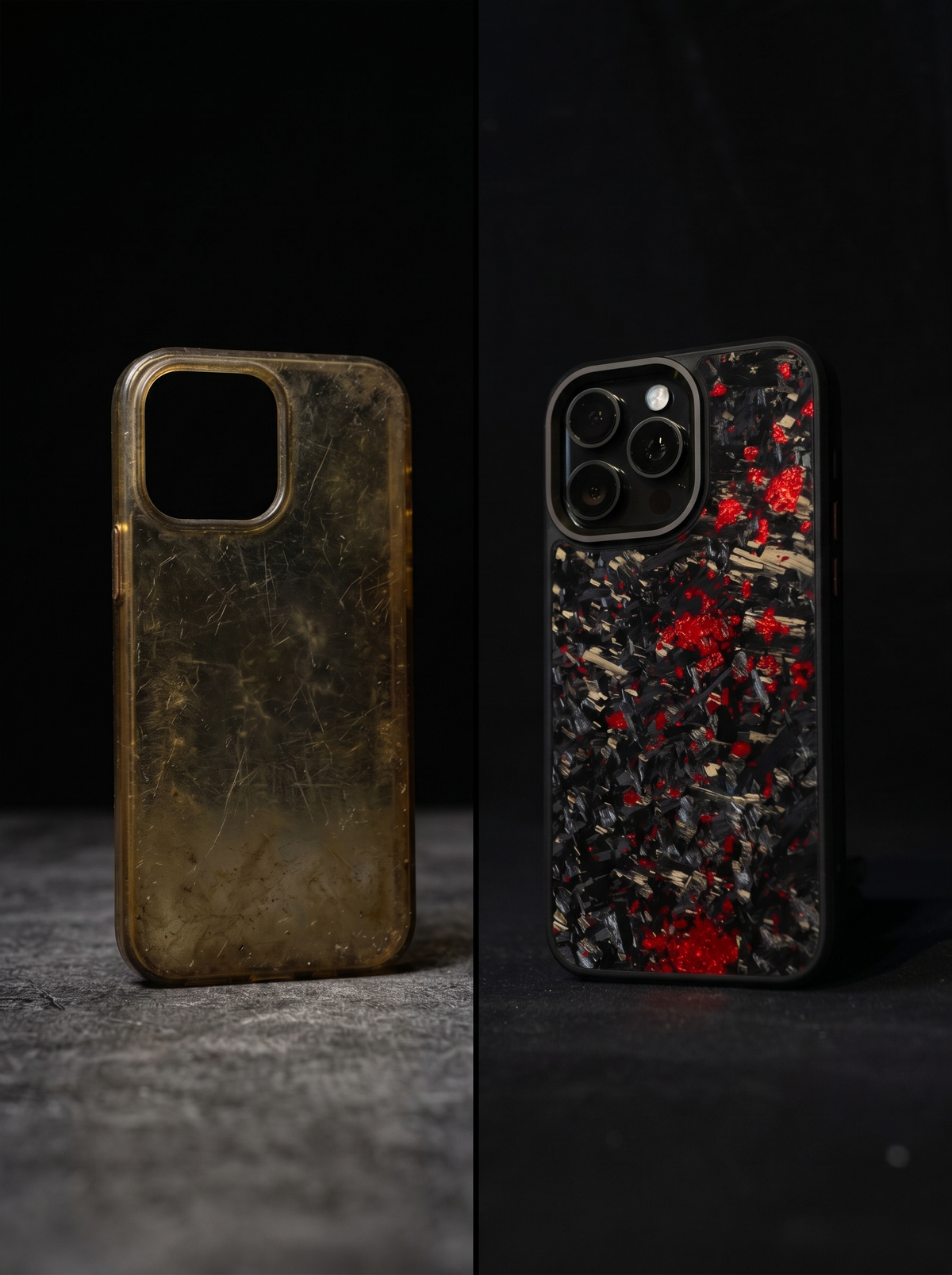 A yellowed, scratched clear case next to a FIBRECASES forged carbon case