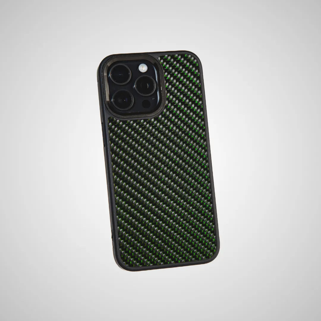 green carbon fiber phone case with white backround