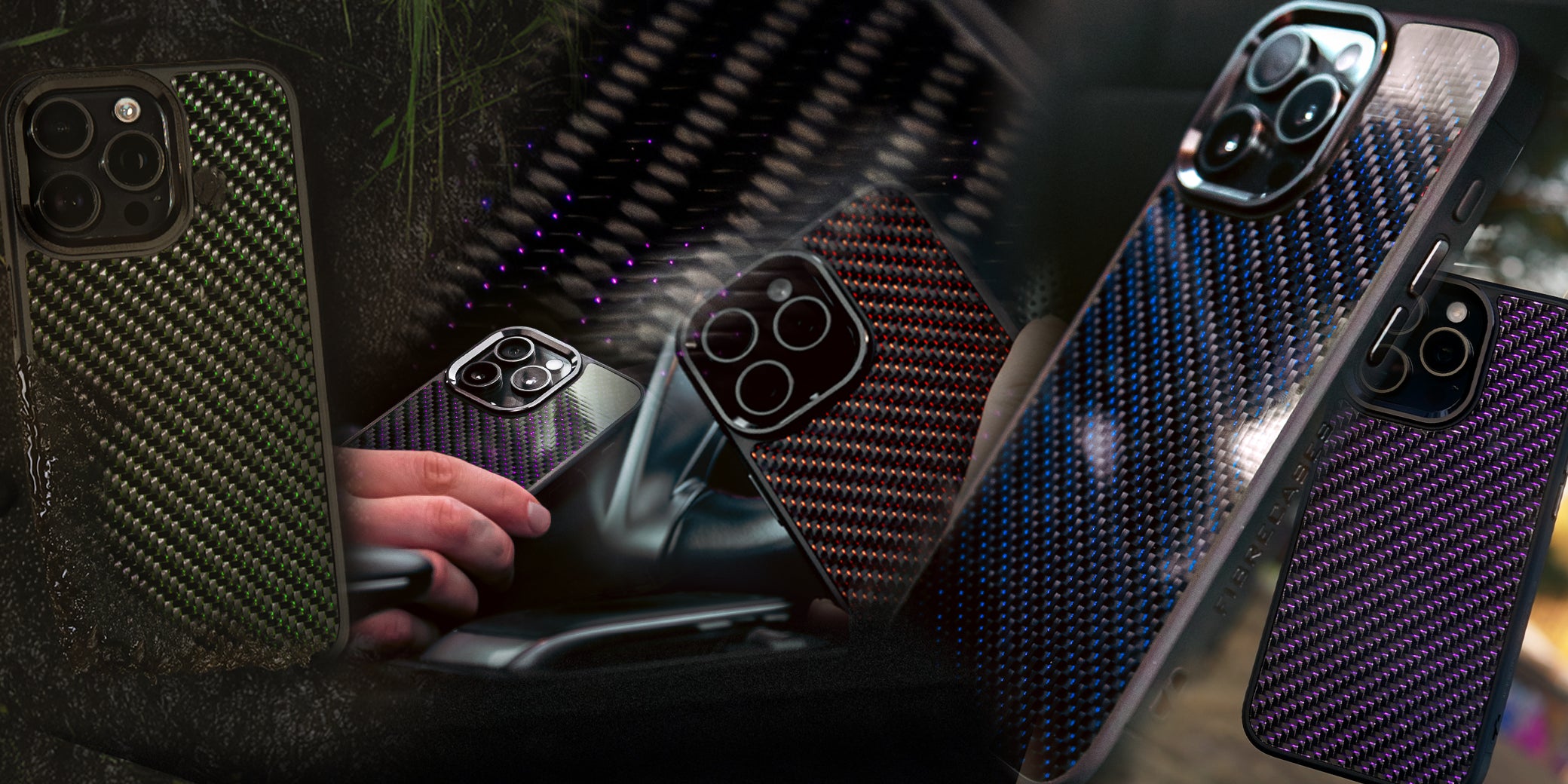 Collage of carbon fiber phone cases in various colors—green, purple, red, and blue—showcasing sleek textures and modern design in different lifestyle settings.