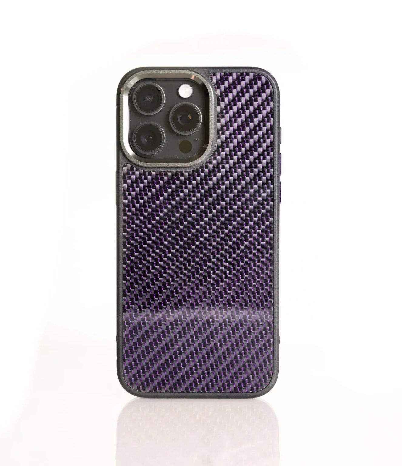 Purple reflective carbon fiber phone case with sleek woven texture for modern style.