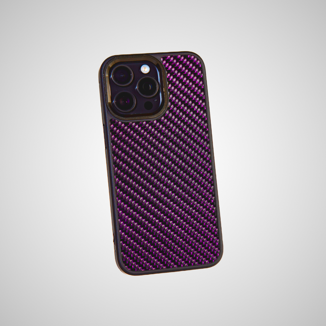 purple carbon fiber phone case with white backround