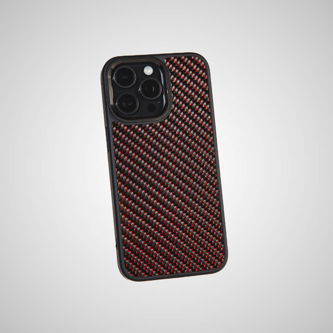 red carbon fiber phone case with white backround